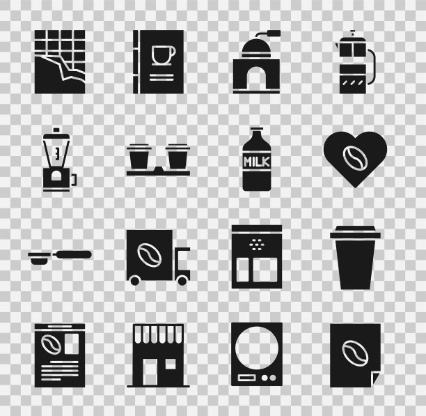 设置咖啡海报，杯子走，情人，手动咖啡研磨机，电动，巧克力棒和牛奶图标的瓶子。向量图片下载