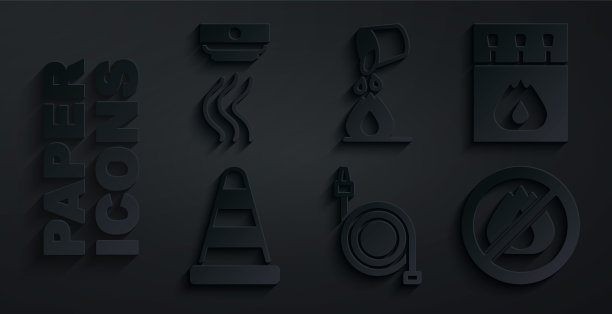 设置消防软管卷轴、火柴盒和火柴、交通锥、无火、桶灭火和烟雾报警系统图标。向量图片下载