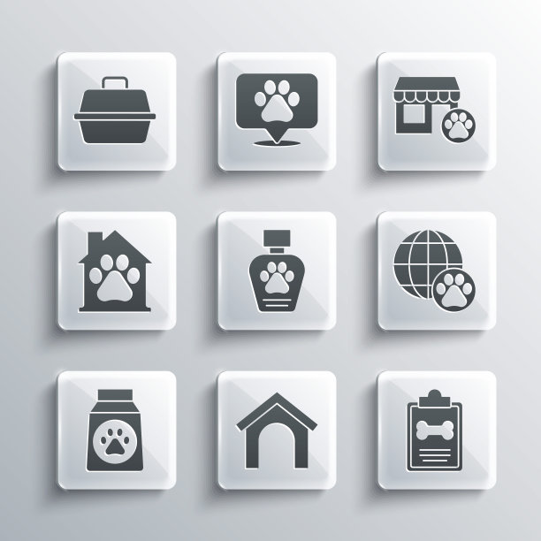 设置狗屋，临床记录宠物，世界，宠物洗发水，食品袋，手提箱和兽医医院图标。向量图片下载