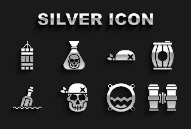 设置头骨，火药桶，双筒望远镜，船的舷窗与海景，瓶子信息水，海盗头巾为头，炸药炸弹和硬币图标。向量图片下载