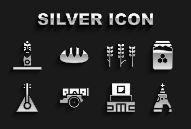 设置大炮，蜂蜜罐，沙皇钟，列宁陵墓，巴拉莱卡，小麦，斯拉夫异教徒偶像和面包面包的图标。向量图片下载