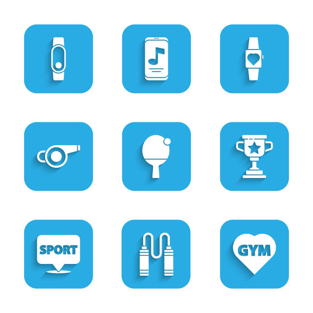 设置球拍和球，跳绳，健身中心，奖励杯，位置，哨子，智能手表和图标。向量图片下载