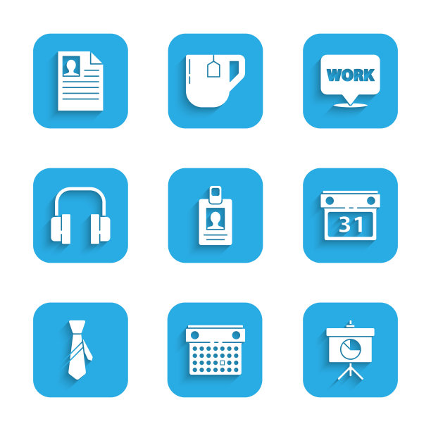 设置识别徽章，日历，黑板与图表，领带，耳机，位置文本工作和简历图标。向量图片下载