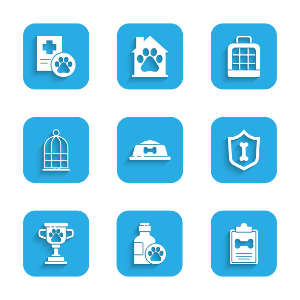 设置宠物食品碗，洗发水，宠物临床记录，动物健康保险，奖励，鸟笼，手提箱和图标。向量图片下载