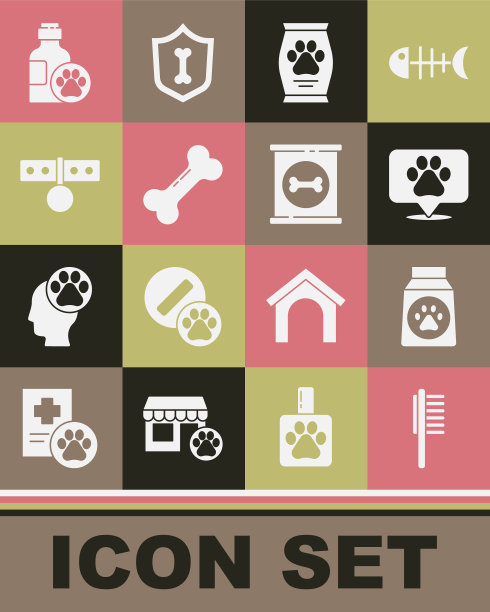 设置宠物药瓶，袋食品，位置兽医，狗骨头，项圈与姓名标签，洗发水和罐头图标。向量图片下载