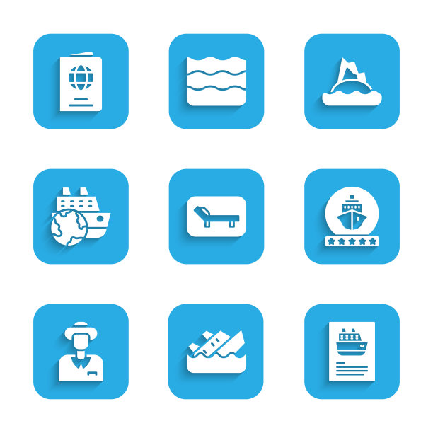 设置日光浴床和伞，沉没游轮，邮轮，旅游，热带岛屿海洋和护照图标。向量图片下载