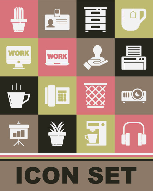 设置耳机，电影，电影，媒体放映机，打印机，抽屉与文件，笔记本文本工作，显示器，仙人掌和多汁的花盆和手搜索人的图标。向量图片下载