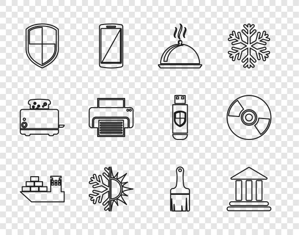 设置行货船，银行大楼，覆盖托盘的食物，太阳和雪花，盾牌，打印机，油漆刷和CD或DVD光盘图标。向量图片下载