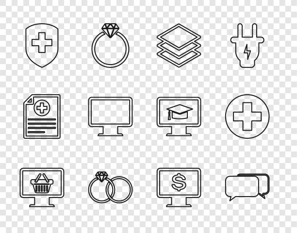 设置线显示器与购物篮，聊天，层，结婚戒指，医疗盾十字，电脑显示器屏幕，美元和圆圈图标。向量图片下载