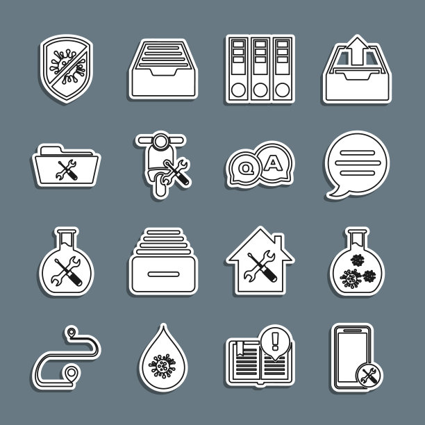 设置线路移动服务，试管病毒，语音泡泡聊天，办公文件夹，滑板车，文件夹，停止细菌和问答图标。向量图片下载