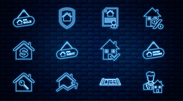 设置行房地产经纪人，挂签与开放的房子，房屋合同，出租，美元，出售，检查标记和保护图标。向量图片下载