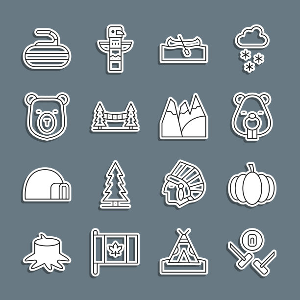 设置线冰壶运动游戏，南瓜，海狸动物，皮划艇，卡皮拉诺悬索桥，熊头，石头为冰壶和山脉的图标。向量图片下载