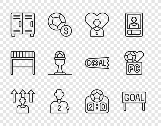设置线足球或足球运动员，足球，更衣室，奖杯和，体育机械记分牌和球迷俱乐部图标。向量图片下载