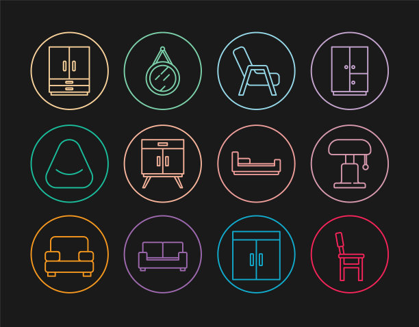 设置线椅子，台灯，扶手椅，抽屉，蒲公英，衣柜，床和镜子图标。向量图片下载