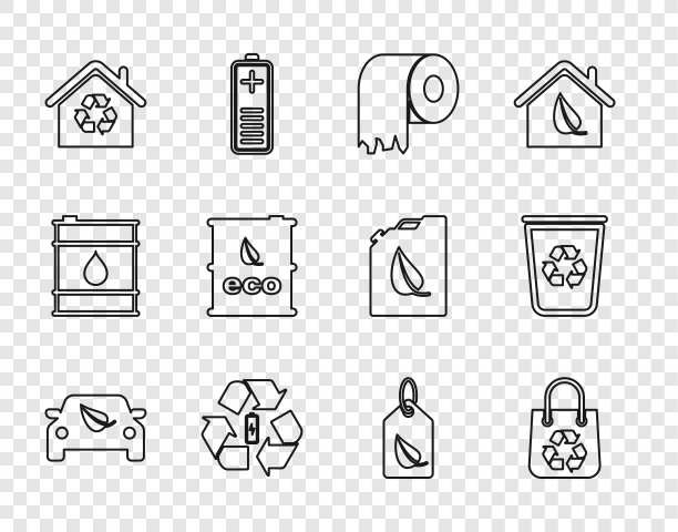 设置线生态汽车驱动器与树叶，购物袋回收，卫生纸卷，电池，房子回收，生物燃料桶，标签和回收站图标。向量图片下载