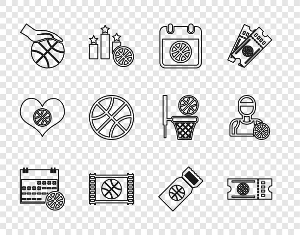在运动日历、比赛门票、视频、篮球手和球员图标上设置篮球。向量图片下载