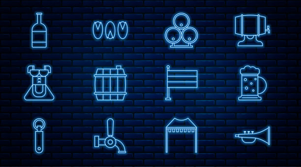 设置线乐器喇叭，木制啤酒杯，桶，女装紧腰裙，啤酒瓶，德国国旗和开心果图标。向量图片下载