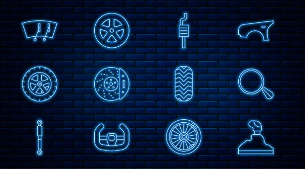 设置线换挡，汽车后视镜，消声器，制动盘卡尺，车轮，雨刷，轮胎和图标。向量图片下载