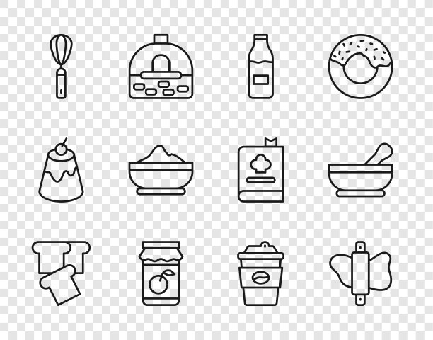 面包吐司，擀面杖在面团上，牛奶瓶，果酱罐，厨房打蛋器，面粉碗，咖啡杯去和研钵和杵图标。向量图片下载