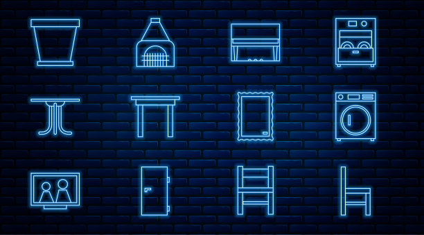 设置线椅子，洗衣机，三角钢琴，木制桌子，圆形，花盆，图片和室内壁炉图标。向量图片下载