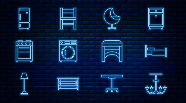 设置线吊灯，床，扶手椅，洗衣机，烤箱，冰箱，椅子和图标。向量图片下载