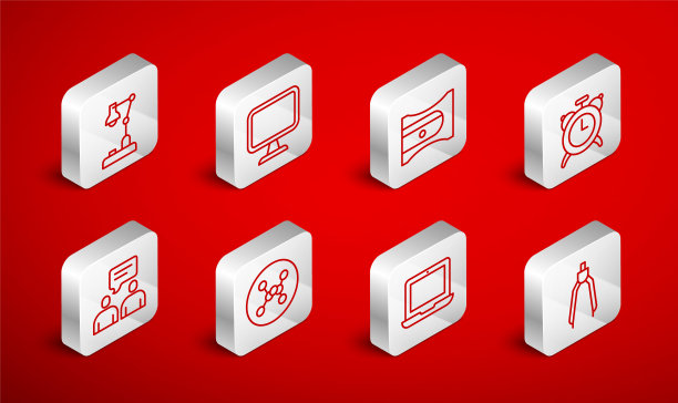 设置线绘图指南针，电脑显示器，卷笔刀，闹钟，笔记本电脑，台灯，化学配方和两个坐着的男人说话的图标。向量图片下载