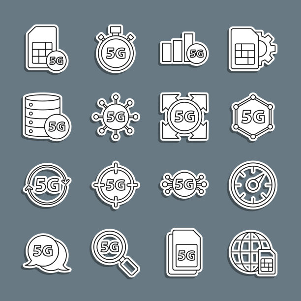 设置线路全球5G Sim卡、数字测速仪、网络、服务器和图标。向量图片下载