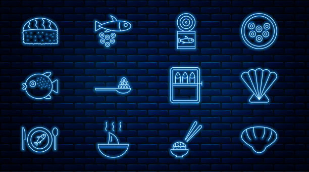 设置线扇贝海贝壳，鱼罐头，鱼子酱汤匙，河豚，寿司，鱼与鱼子酱图标。向量图片下载