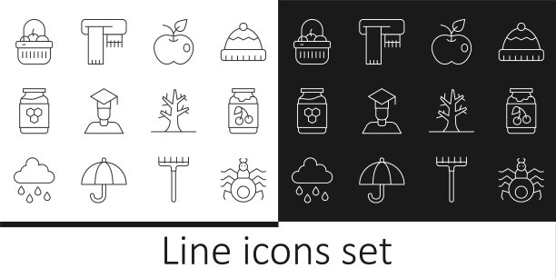 设置线蜘蛛，果酱罐，苹果，毕业生和毕业帽，蜂蜜罐，篮子食物，裸树和冬季围巾图标。向量图片下载