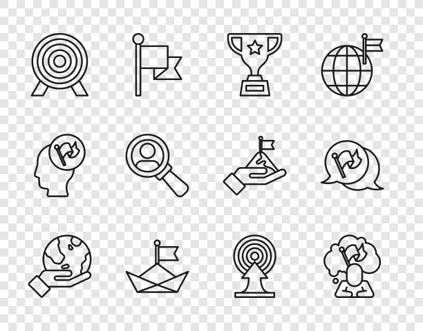 设置线手握地球仪，人旗，奖杯，折叠纸船，目标，放大镜搜索，箭头和旗帜图标。向量图片下载