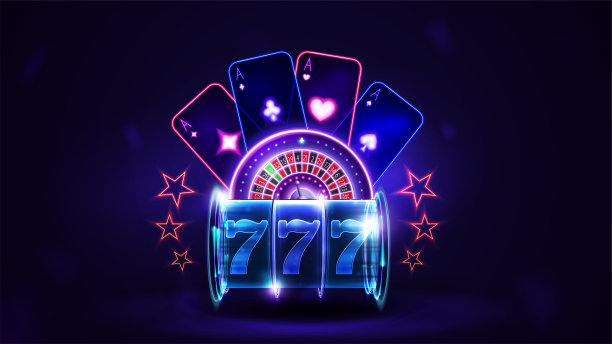 粉红色的霓虹灯赌场轮盘赌轮与打牌在黑暗的空场景图片下载