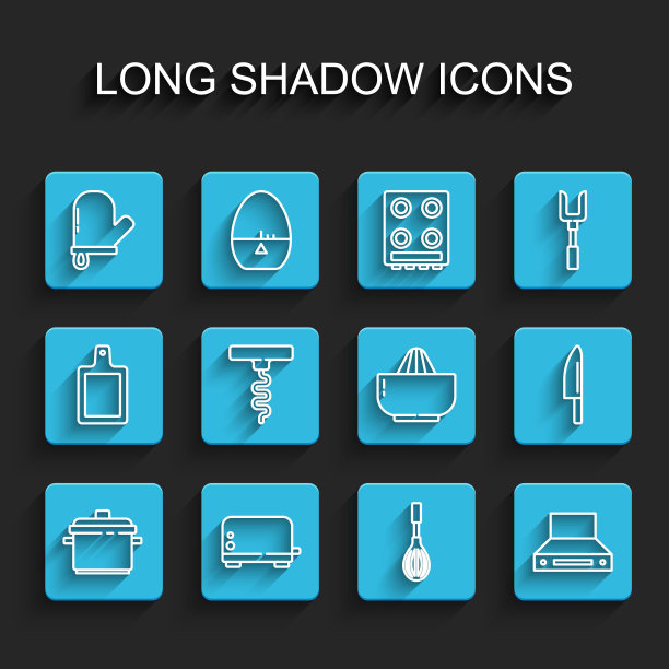 设置线煮锅，烤面包机，烤箱手套，厨房打蛋器，提取风扇，葡萄酒开塞钻，刀和柑橘果汁机图标。向量图片下载