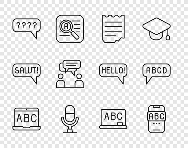 设置外语在线学习，笔记本，麦克风语音设备，带问题的语音气泡，两个坐着的男人聊天，黑板和字母图标。向量图片下载