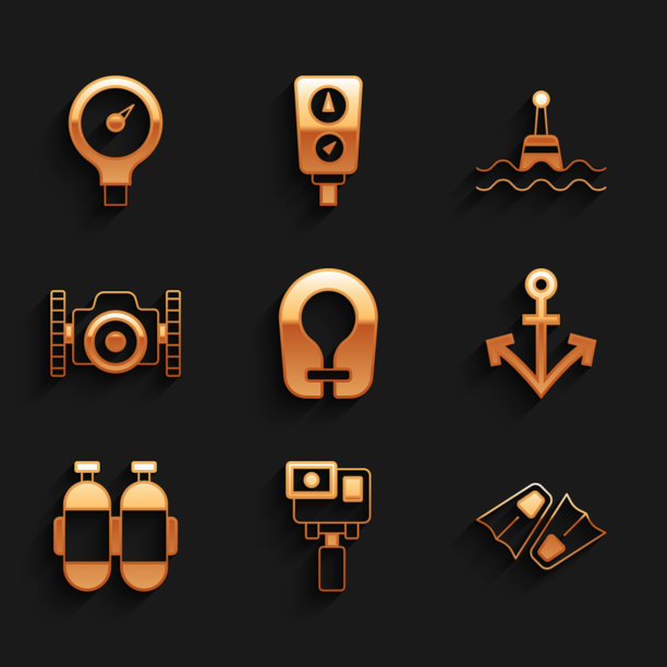 设置救生衣，行动极端相机，Flippers游泳，锚，Aqualung，照片潜水员，浮动浮标和标尺刻度图标。向量图片下载