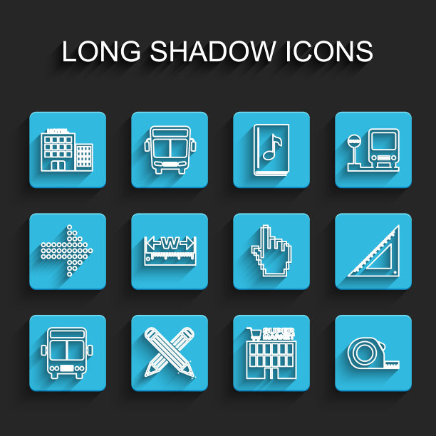 设置线路巴士，交叉铅笔，酒店建筑，超市，轮盘赌结构，测量高度和长度，三角形尺和像素手光标图标。向量图片下载