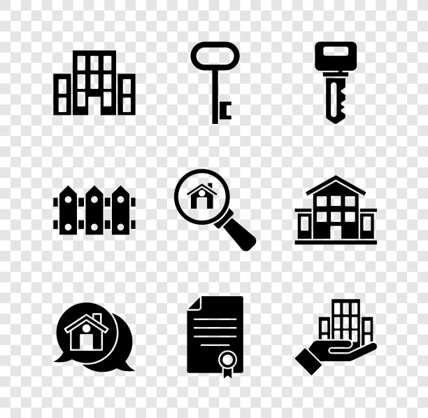 设置房子，钥匙，房地产信息房子，合同，摩天大楼，花园栅栏木和搜索图标。向量图片下载