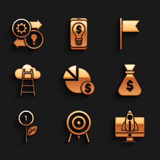 设置饼图和美元，目标，启动项目概念，钱袋，美元工厂，楼梯与完成旗，位置标志和人力资源图标。向量图片下载