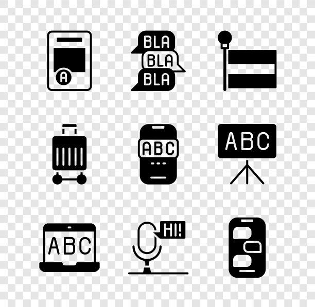 设置考卷A +级，语音气泡聊天，旗帜，外语在线学习，麦克风语音设备，新消息通知，手提箱和图标。向量图片下载