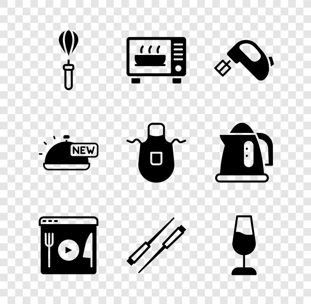 设置厨房打蛋器，微波炉，电动搅拌机，烹饪直播，食物筷子，酒杯，覆盖食物托盘和围裙图标。向量图片下载