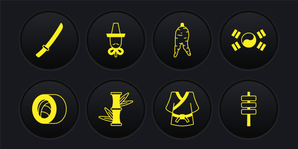 集寿司，韩国国旗，竹子，和服，人参根，韩式帽子，食物刀叉和武士刀的图标。向量图片下载