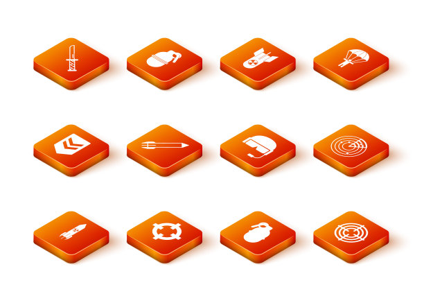 设置核火箭，目标运动，雪佛龙，火箭，手榴弹，军用头盔和雷达的目标图标。向量图片下载