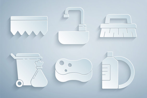 设置海绵，清洁刷，垃圾桶和垃圾袋，洗洁精瓶盘，洗脸盆，水龙头和气泡图标。向量图片下载