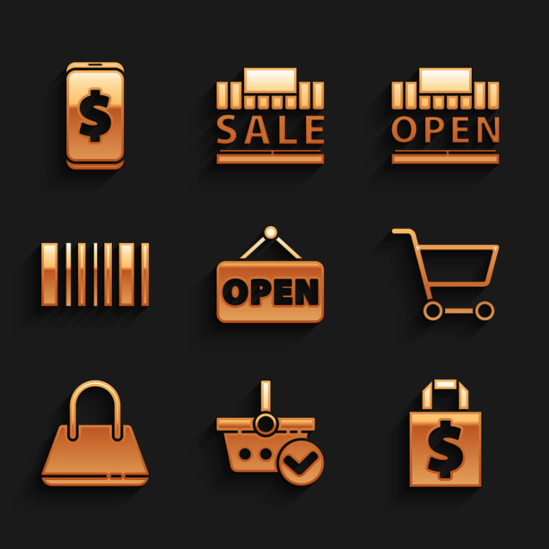 设置开放的悬挂标志，购物篮检查标志，购物袋和美元，购物车，手袋，条形码，建筑开放和智能手机图标。向量图片下载