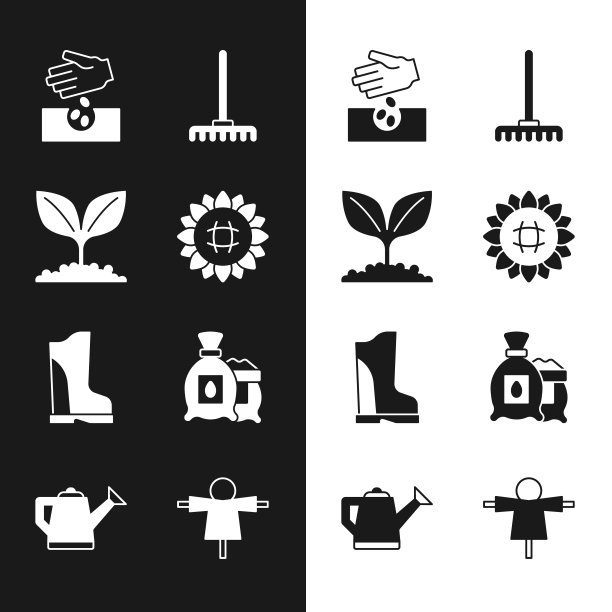 设置向日葵，植物，种子，花园耙子，防水橡胶靴，包装满种子植物，稻草人和浇水罐图标。向量图片下载