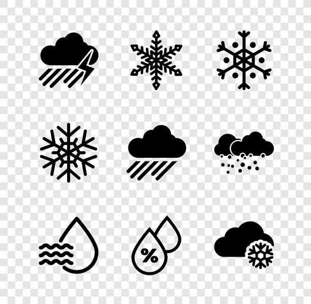 设置云与雨和闪电，雪花，水滴百分比，和雪图标。向量图片下载