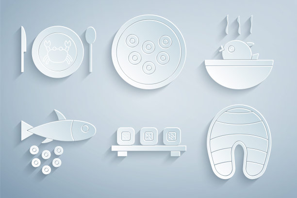 切板寿司，河豚鱼汤，鱼子酱鱼，牛排，鱼子酱盘，蟹肉图标。向量图片下载