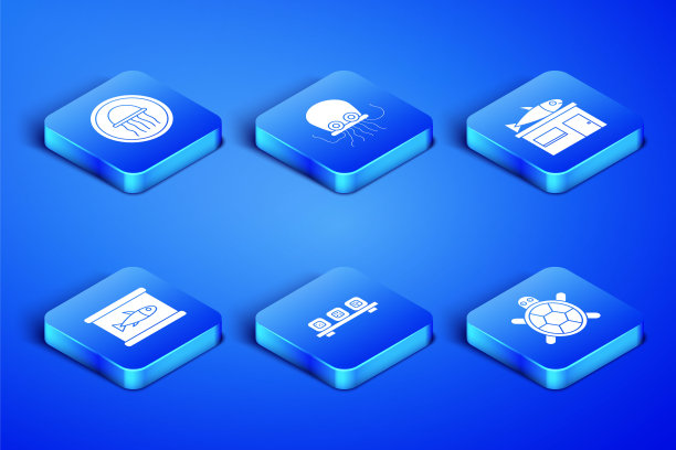 设置海龟，水母在一个盘子，寿司切板，罐头，章鱼和海鲜商店的图标。向量图片下载