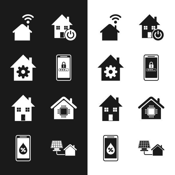 设置移动和密码保护，智能家居设置，与wi-fi，房子，太阳能电池板和湿度的智能图标。向量图片下载