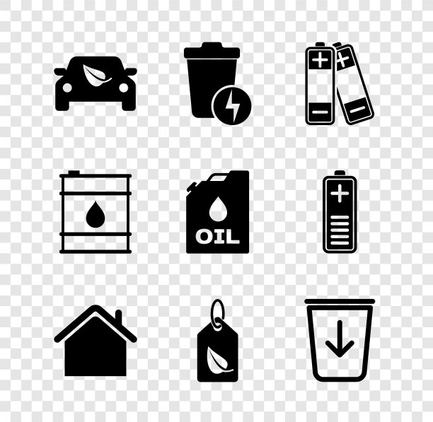 设置生态汽车驱动器与叶片，闪电垃圾桶，电池，房子，标签，发送到，石油桶和罐机机油图标。向量图片下载