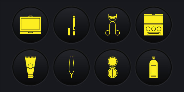 设置乳液化妆管，眼影调色板，眉钳，化妆粉镜，睫毛夹，眼线笔，眉毛，洗发水和图标。向量图片下载